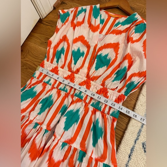 Oliphant Smocked Waist Mini Dress in Odisha Coral Print Women's Sz S Orange Teal - Picture 11 of 14